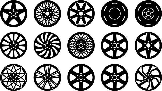 Wheel hubcap silhouette icon set, flat black glyph 
style, pure white background