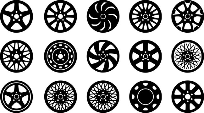 Wheel hubcap silhouette icon set, flat black glyph 
style, pure white background