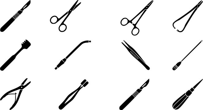 Surgical instruments silhouette icon set, flat black glyph 
style, pure white background