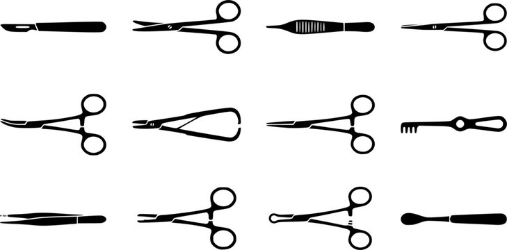 Surgical instruments silhouette icon set, flat black glyph 
style, pure white background