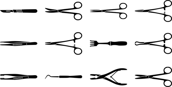 Surgical instruments silhouette icon set, flat black glyph 
style, pure white background