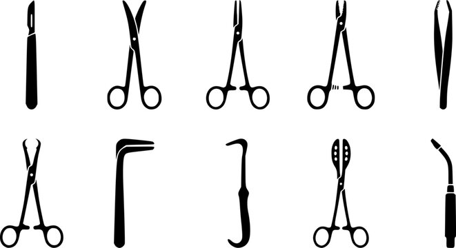 Surgical instruments silhouette icon set, flat black glyph 
style, pure white background