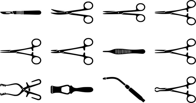 Surgical instruments silhouette icon set, flat black glyph 
style, pure white background