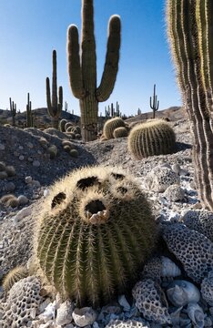 Vertical view of giant saguaro and barrel cacti in arid desert with unique coral stone soil under blue sky