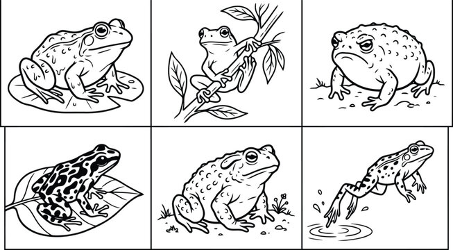 Black and white illustrations of frogs in various poses and environments