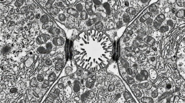 TEM of bile canaliculus between hepatocytes sealed by tight junctions