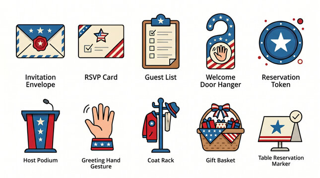 Set of USA-themed icons representing event planning, hospitality, and guest services for events and hotels