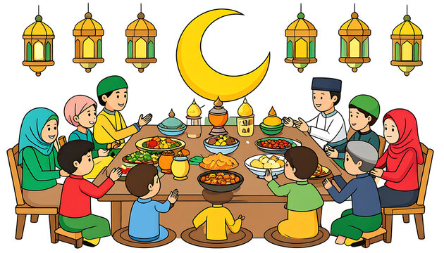 Diverse group of people celebrating suhoor and iftar meal together, traditional lanterns and crescent moon in background, Ramadan Kareem festive atmosphere