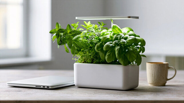 Compact Smart Planter On Desk Beside Laptop And Mug, Countertop Garden For Remote Worker Wellness, Integrated Lighting And Automated Irrigation, Contemporary Interior Styling