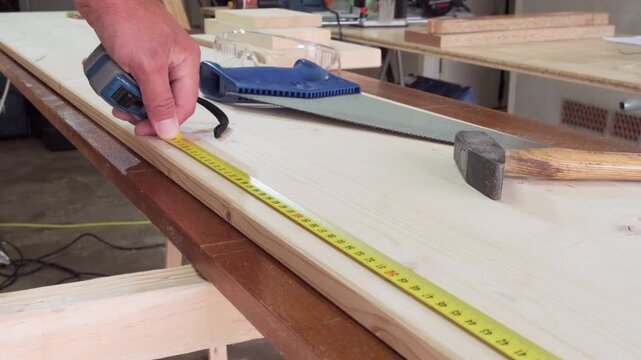 Close up of carpenter hands using a tape measure and a pencil on a long pine plank with a hand saw and hammer lying in the background.