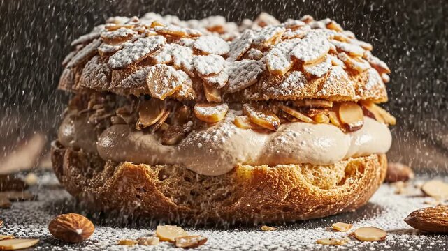 Close-up of a classic French Paris-Brest dessert made of choux pastry ring filled with praline cream, topped with flaked almonds and falling powdered sugar on a black slate.