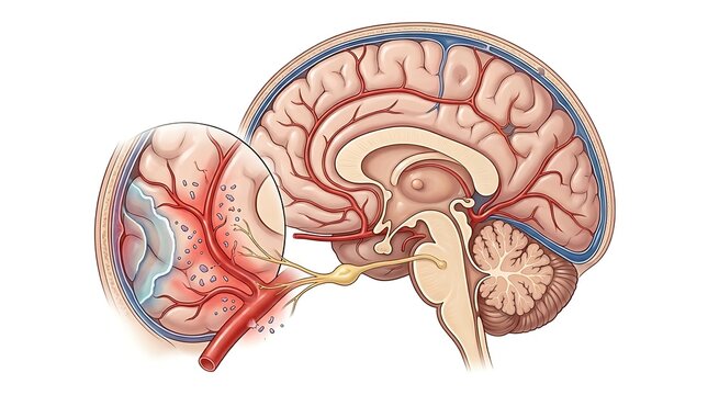 Human brain sagittal section showing ischemic stroke blockage
