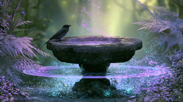 Abstract technology garden concept with smart bird bath and sustainable eco innovation glow
