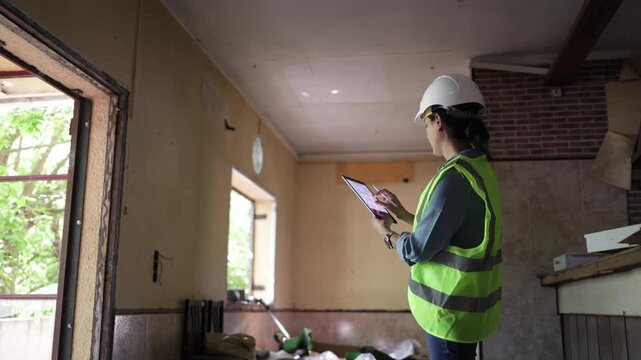 Female construction inspector using a tablet and stylus for a building inspection, checking for damage and structural integrity in a room undergoing renovation or demolition