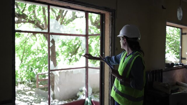Female construction inspector using a tablet to assess damage in an abandoned building with broken windows, evaluating the site for renovation or demolition