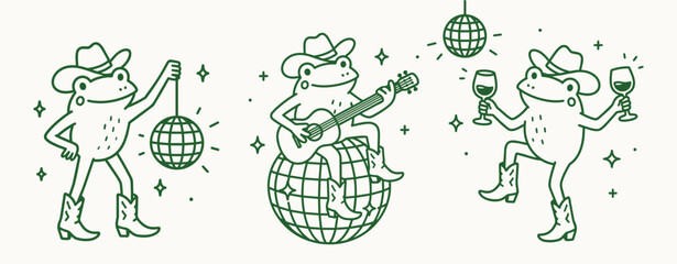 Fototapeta premium Cowboy frog set with disco ball guitar and wine hand drawn line art vector illustration, retro party cottagecore style