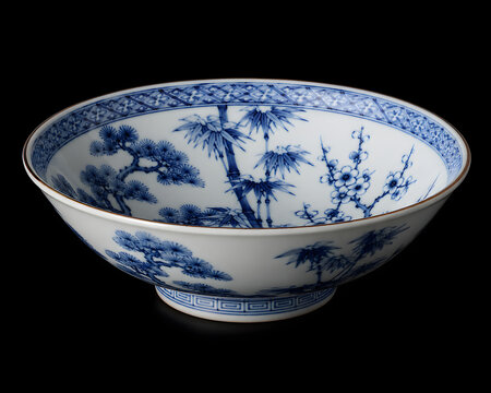 Japanese Imari Blue and White Porcelain Bowl with Sho-chiku-bai Pine Bamboo Plum Motifs