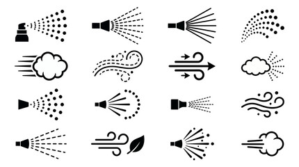 Fototapeta premium Diverse black vector icons showing spray, mist and wind patterns from nozzles, clouds and abstract airflow, Symbolizing atomization, ventilation and atmospheric conditions for graphic design
