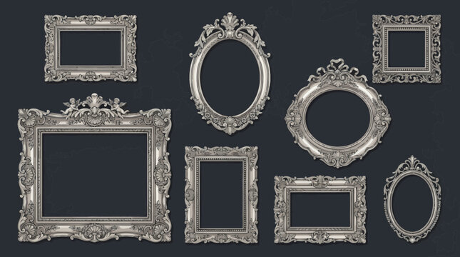 Elegant collection of ornate silver frames in diverse shapes with intricate baroque carvings, Symbolizing classic design presentation or elegant decor