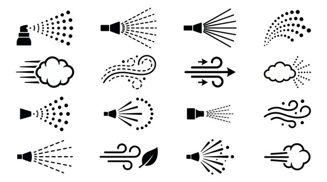 Diverse black vector icons showing spray, mist and wind patterns from nozzles, clouds and abstract airflow, Symbolizing atomization, ventilation and atmospheric conditions for graphic design