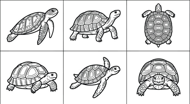 Black and white illustration of various turtle poses and views