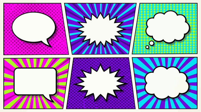 Six comic book panels with colorful halftone and radial backgrounds display various blank speech and thought bubbles, representing graphic design elements or pop art communication