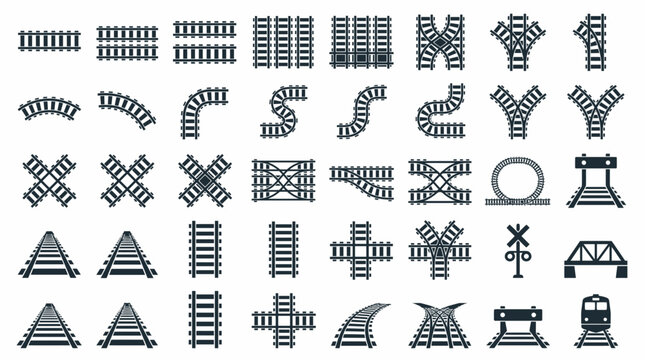 Comprehensive collection of railway track vector icons including straight, curved and junction configurations, illustrating engineering diagrams and transportation infrastructure