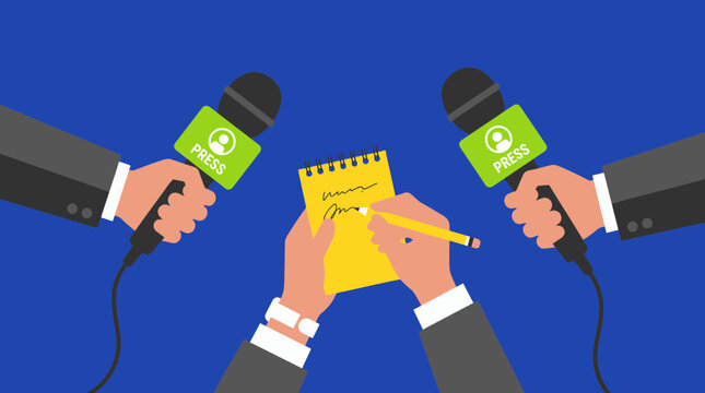 Two hands holding press microphones face hands taking notes on a yellow notepad with a pencil, illustrating a press conference and important media interview