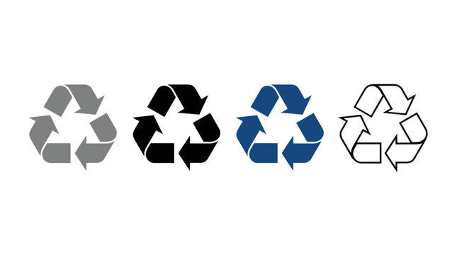 Four vector recycling symbols in gray, black, blue and outline styles on white background, Represents eco-friendliness and encourages waste reduction efforts