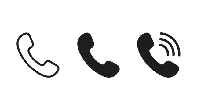 Versatile telephone receiver icons, depicted in outline, solid and ringing variations on a clean white backdrop, representing active calls, customer support and general communication needs