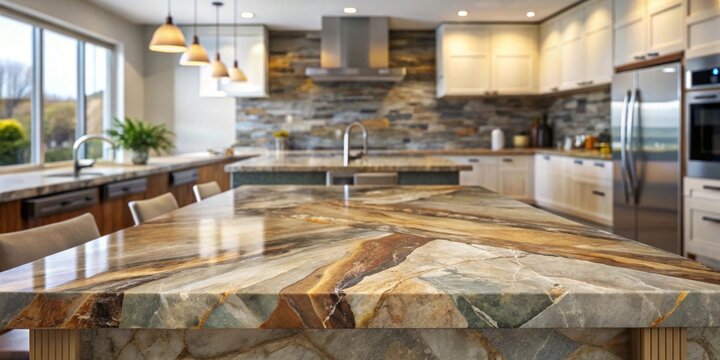 Luxurious kitchen island countertop featuring intricate natural stone veining and a polished finish, reflecting the elegant interior