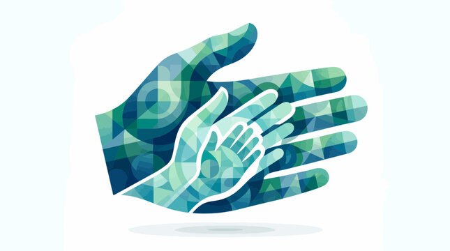 Geometric patterned illustration showing a large hand embracing a smaller hand, rendered in diverse shades of blue and green, Symbolizing community support and generational care