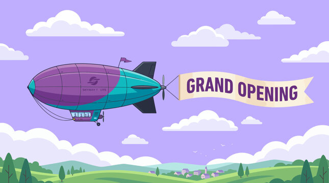 Colorful blimp with 'GRAND OPENING' banner flying across a pastel sky above a scenic rural landscape, Symbolizing event promotion and illustrating modern tourism services