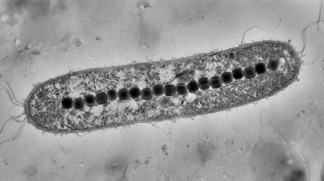 TEM of magnetotactic bacterium with aligned magnetite magnetosome crystals