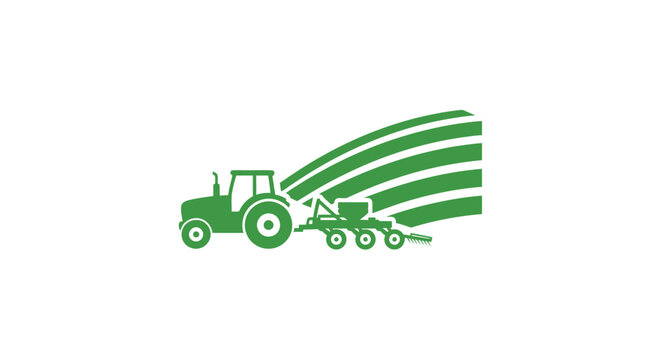 Green tractor pulling farm equipment.