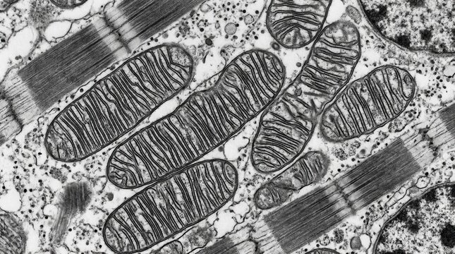 TEM cross section of cardiomyocyte mitochondria with dense lamellar cristae, electron micrograph style