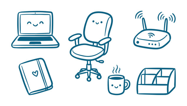 Office supplies and gadgets with smiling faces for remote work and home office setup
