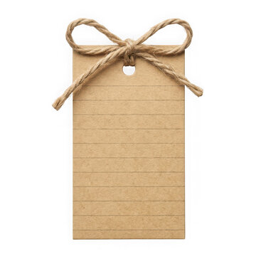 Brown kraft paper tag with string isolated PNG on transparent background, eco friendly label for gifts and handmade crafts