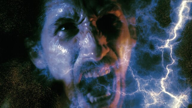 Visage de vampire aux teintes violettes et bleues avec &eacute;clairs dor&eacute;s