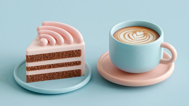 Une part de g&acirc;teau au chocolat et un caf&eacute; au lait sur fond pastel