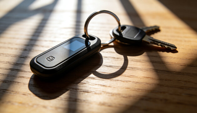 Resting black remote fob and two keys on wooden tabletop near window, showing split ring shadows