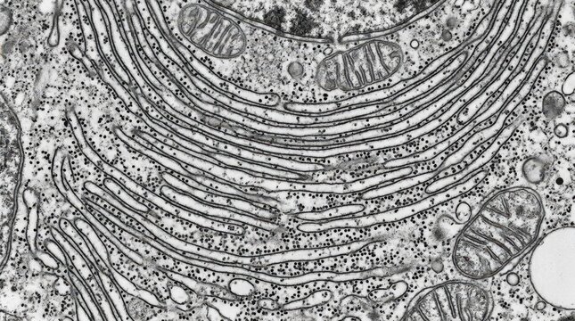 TEM of rough endoplasmic reticulum with parallel membrane cisternae and ribosomes