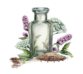 Dill seeds, mint and yarrow with vintage glass bottle watercolor. Isolated apothecary jar, herbal bouquet and medicinal seeds pile for organic digestion tea packaging, pharmacy branding © AnKa