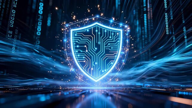 Digital shield icon with binary code on technology background