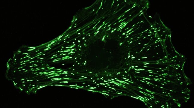 TIRF fluorescence micrograph of epithelial cell vinculin focal adhesion plaques