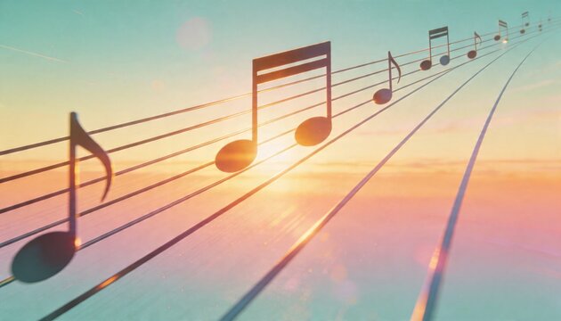 Showing oversized musical notes receding along 5 parallel staff lines near horizon, with lens flare