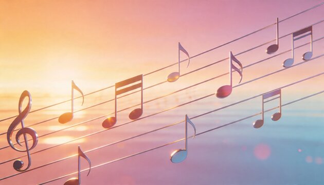Running metal five-line staff with treble clef and glossy notes across sunrise sky, adding bokeh