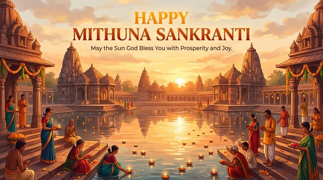 Mithuna sankranti festival celebration with people and temples in background at sunset