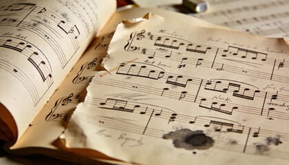 Fototapeta premium Displaying torn aged sheet music page resting on wooden desk, showing ink stains, annotations
