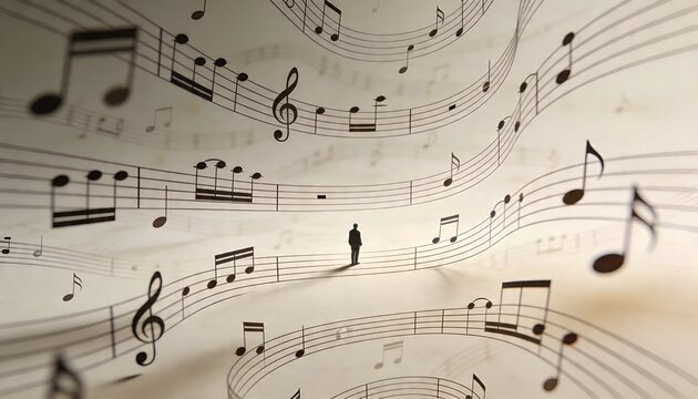 Standing male silhouette wearing dark coat on central music staff amid floating notes and clefs